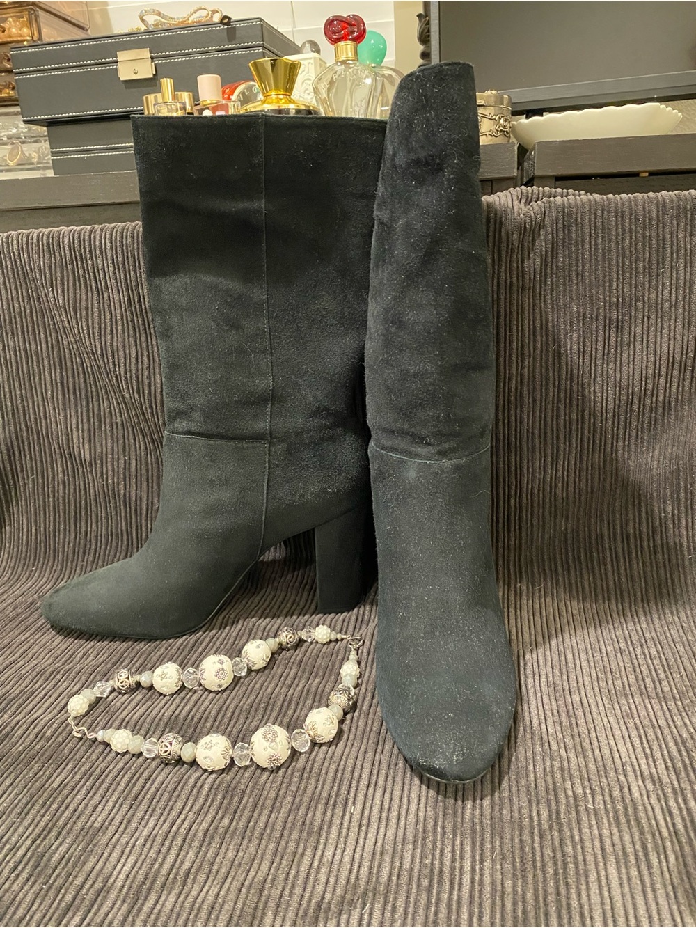 Ralph Lauren Black Suede Mid-Calf Block Heel Boots
